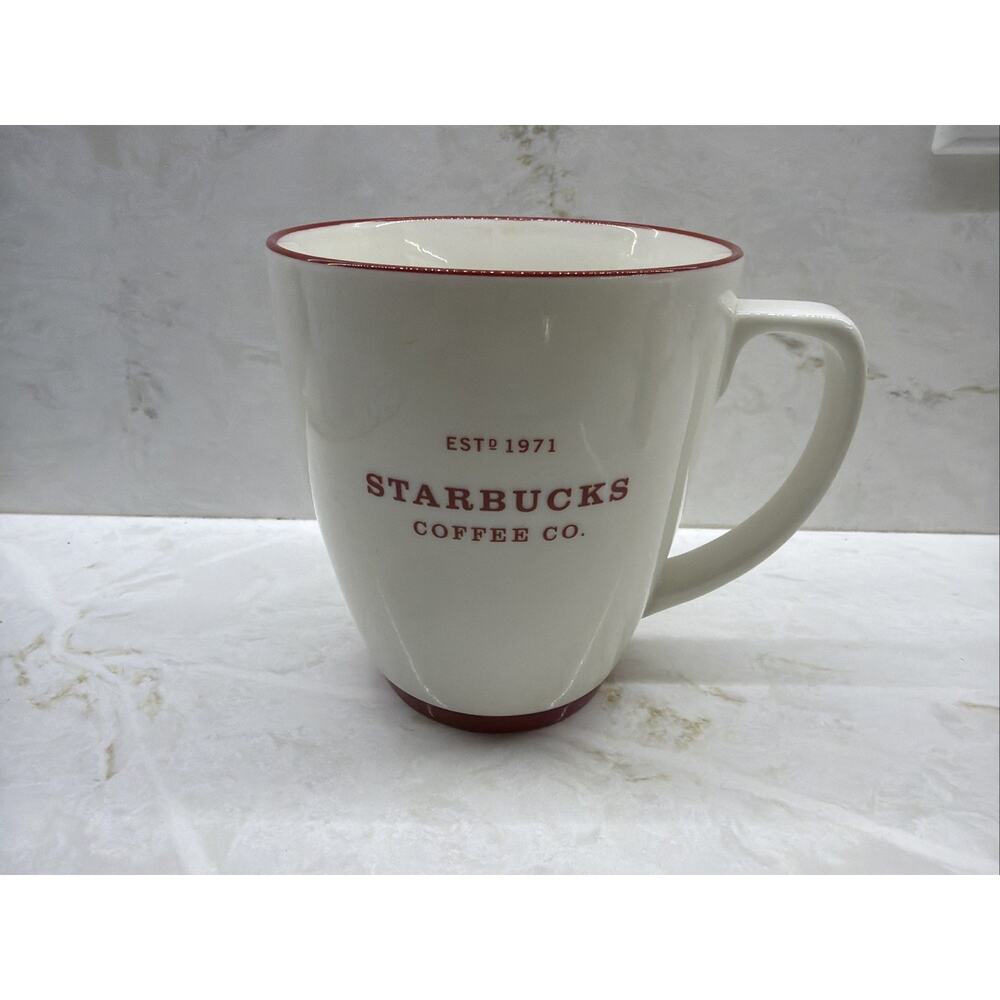 Starbucks Cup RED White Abbey Mug "Est 1971 Starbucks Coffee Co" 18 oz EUC